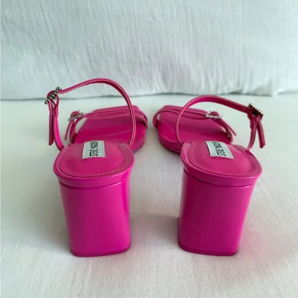 Steve Madden Hot Pink Strappy Block Heel Sandals w/ Rhinestone Buckles - Picture 3 of 6